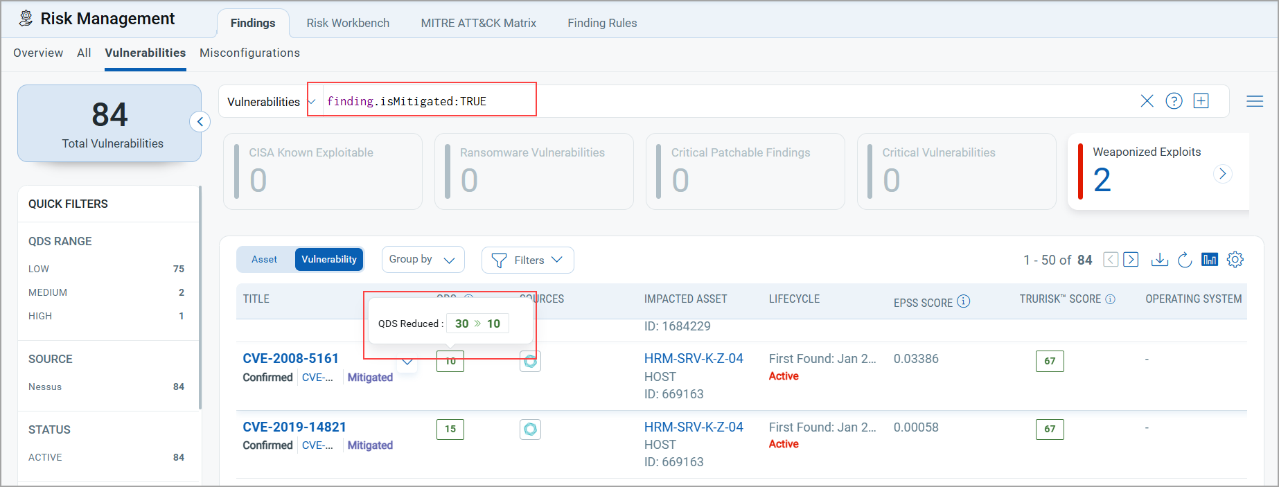 View mitigation impact on QDS score.